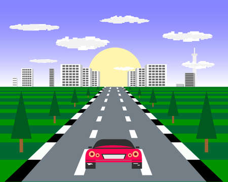 Old pixel race computer game. Sports car rides on the highway against the backdrop of the cityscapeのイラスト素材