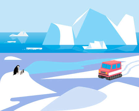 Landscape of Antarctica with glaciers, a family of penguins is considering a snowmobile. Landscape of the South Pole.のイラスト素材