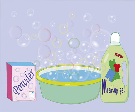 Illustration of hand washing clothes. Soap bubbles come out of the wash basin.のイラスト素材