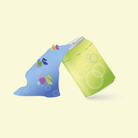 Illustration of an open aluminum can pouring soda with floating fish. Vector illustration.のイラスト素材