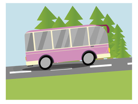 A childrens bus climbs the mountains along the road against the backdrop of the forest.のイラスト素材