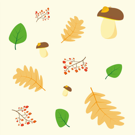 Pattern of mushroom leaves and rowan twigs. Vector illustration.のイラスト素材