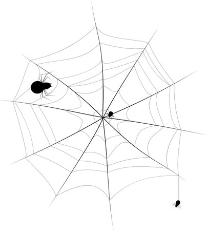 Black and white image of a web and spiders crawling on them. Vector illustrationのイラスト素材