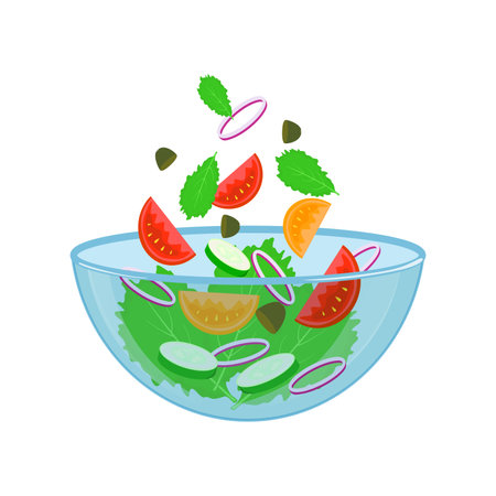 Green salad with tomato and fresh vegetables isolated on white backgroundのイラスト素材