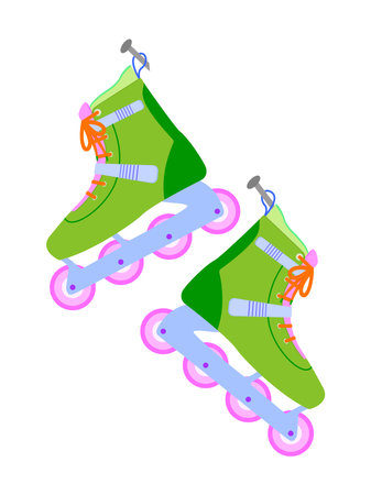 Modern design roller skates. Simple cartoon vector illustration of wheels kid sport shoes.