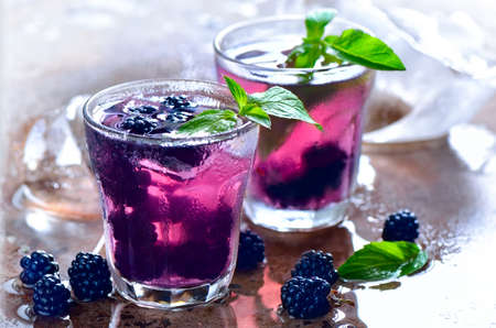 Bramble or blackberry cool summer drink or alcoholic coctailの写真素材