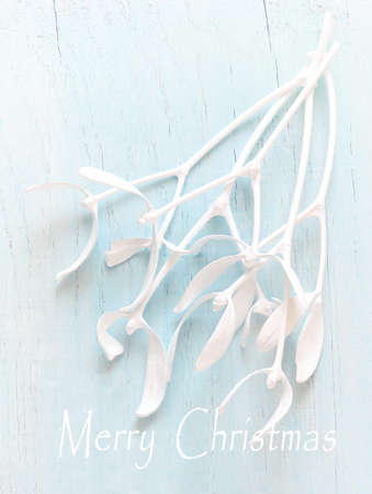 White decorative mistletoe branches on light blue wooden background, stylized photoの写真素材