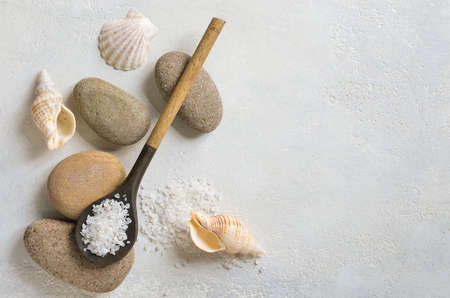 Spa sea salt background, setting with stones and shells, top viewの写真素材