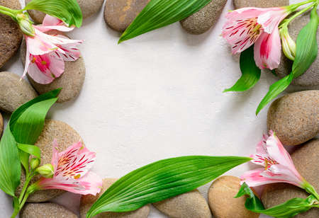 Spa background with sea stones and flowersの写真素材