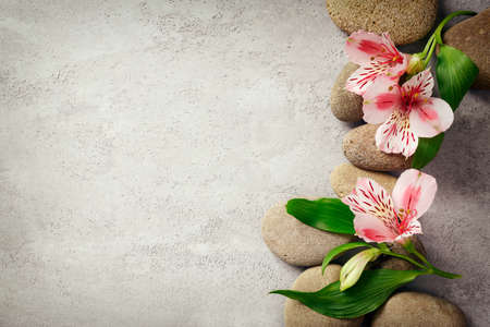 Spa background with flowers and stones, view from aboveの写真素材