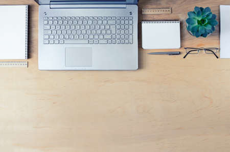 Working table top view, empty space for a text, stylized photo
