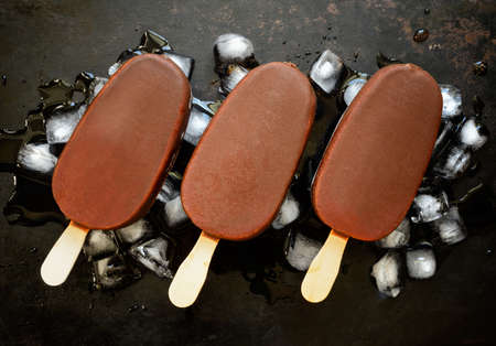 Chocolate ice cream pops on a hip of ice , view from aboveの写真素材