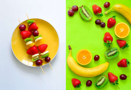 Fruit and berry skewers concept, simple healthy raw meal and ingredients, good for kids party, top viewの写真素材