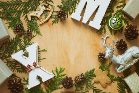 Christmas holiday background with empty space for a greeting text, flat lay, view from above,...