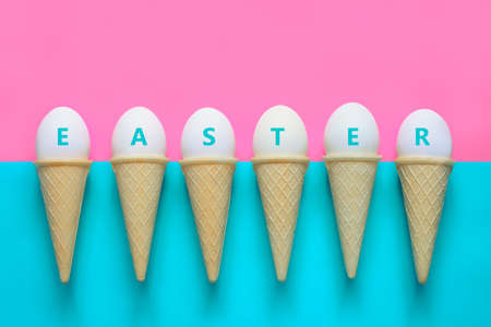Easter greeting card concept, flat lay, view from above, minimal designの写真素材