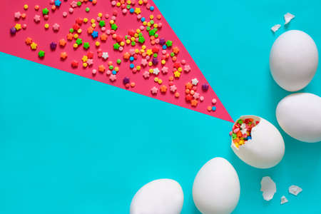 Easter greeting card concept, flat lay, view from above, minimal design, space for a greeting textの写真素材