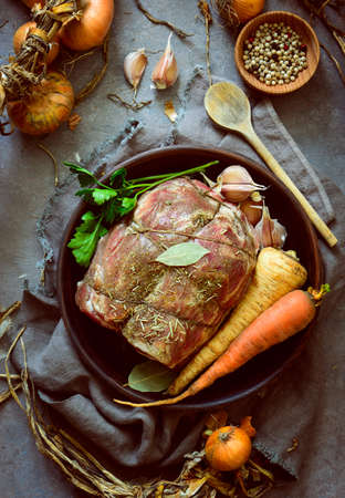 Stew ingredients, rustic simple meal, view from above