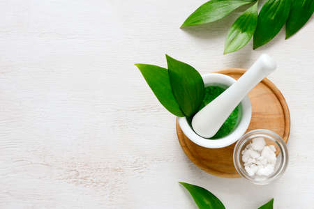 Spa aromatic sea salts, handmade natural spa products concept, view from above, space for a textの写真素材