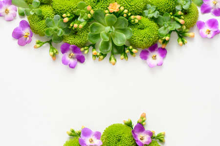 Floral flat lay composition background with a space for a textの写真素材