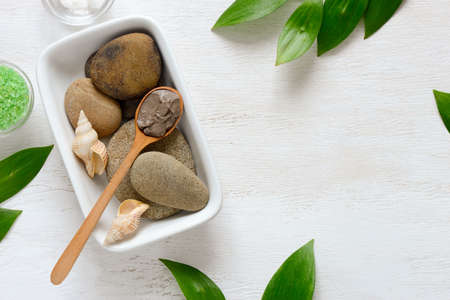 Spa composition with Dead sea mud or cosmetic clay in a spoon, view from above, space for a textの写真素材
