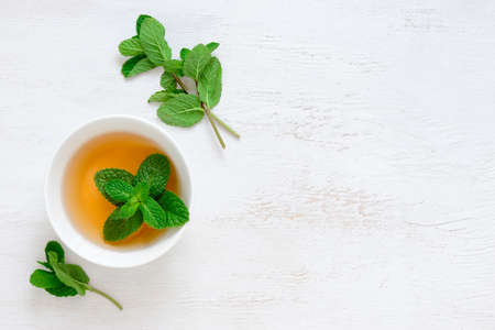 Mint flavoured tea background, view from above, space for a text
