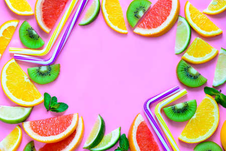 Summer party fruit cocktail drink concept, flat lay, top view, blank space for a textの写真素材