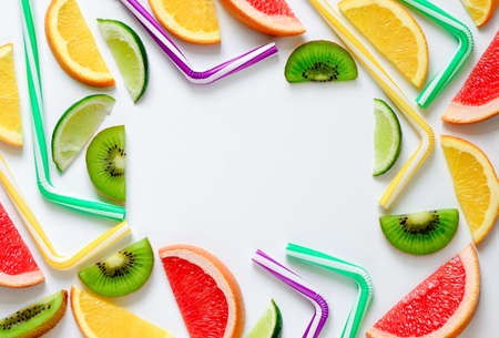 Summer party fruit cocktail drink concept, flat lay, top view, blank space for a textの写真素材