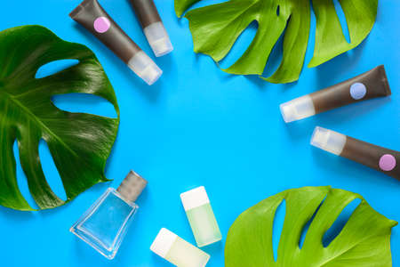 Cosmetic and spa concept, beauty products background with a space for a text, view from aboveの写真素材