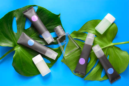 Cosmetic and spa concept, bath and beauty products background, view from aboveの写真素材