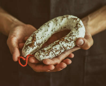 Farmer's hands are holding an artisan aged salami, stylized photo
