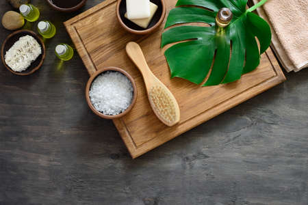Spa natural cosmetics, spa background with a space for a text, flat lay overhead viewの写真素材