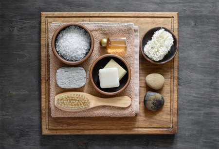 Spa cosmetic natural products arrangement, view from above, flat layの写真素材