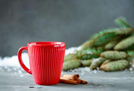Christmas or New Year winter holidays warming cpicy drink in red cupの写真素材