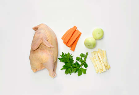 Chicken bouillon set, ingredients for cooking simple chicken bouillon, view from aboveの写真素材