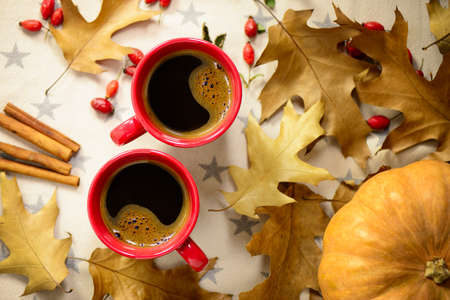 Coffee in two red cups. Autumn hot drink concept. View from above, space for a textの写真素材