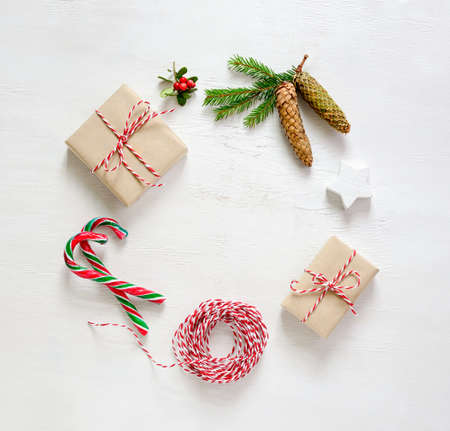 Christmas or New Year greeting card template, simple flat lay composition, blank space for a text, high angle viewの写真素材