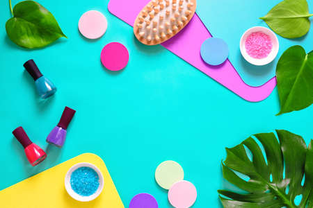 Hands and nails cosmetics and care fashion conceptual background, flat lay arrangement, view from above composition with a space for a textの写真素材