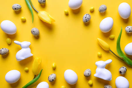 Easter greeting card template, flat lay, view from above, space for a textの写真素材