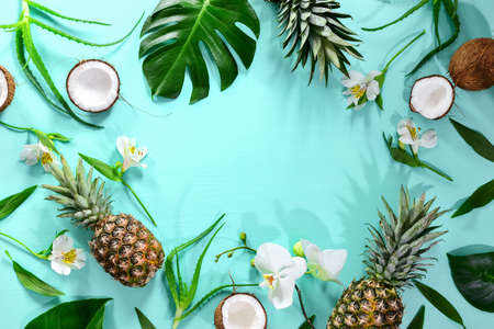 Summer tropical theme background or template with a space for a text, various fruits, green leaves...