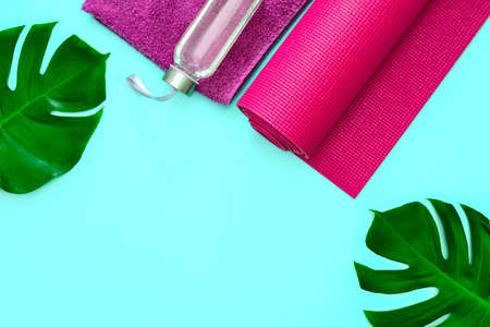 Yoga or fitness summer leaflet mock-up, flat lay composition with a space for a textの写真素材