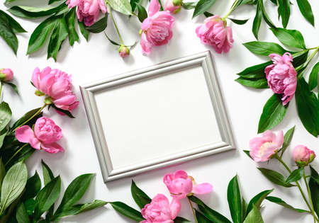 Peonies background with a frame space for a text, flat lay settingの写真素材