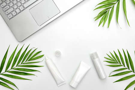 Blogger's template for summer skin care routine, flat lay composition with a space for a textの写真素材