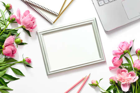 Blogger's background with a frame for a text, flat lay composition の写真素材