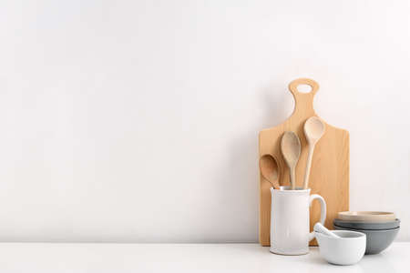 Kitchen utensils background with a blank space for a text, home kitchen decor concept, front viewの写真素材