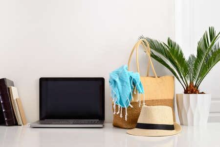 Summer background with a space for a text, white walls home interior with summer accessories の写真素材
