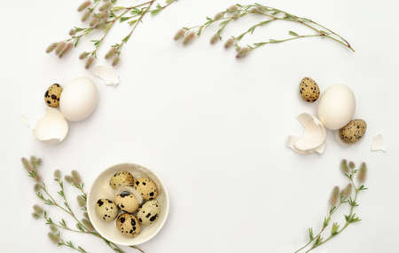 Easter greeting card or poster template with a space for a text, flat lay compositionの写真素材