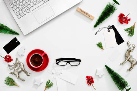 Winter holidays flat lay template of blogger's working space, Christmas sale tutorial concept, view from above, blank space for a textの写真素材