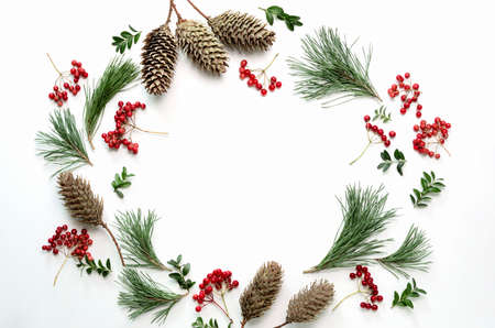 Winter holidays botanical background with blank space for a Christmas greeting text, view from aboveの写真素材