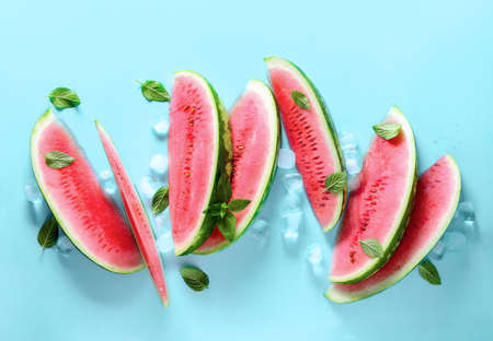 Summer watermelon background, heat coolin food concept, flatlay compositionの写真素材