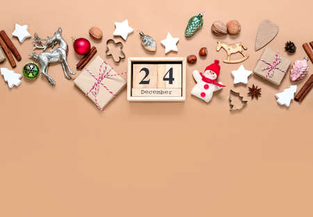 Christmas invitation or greeting card template with a space for a text, flat lay composition